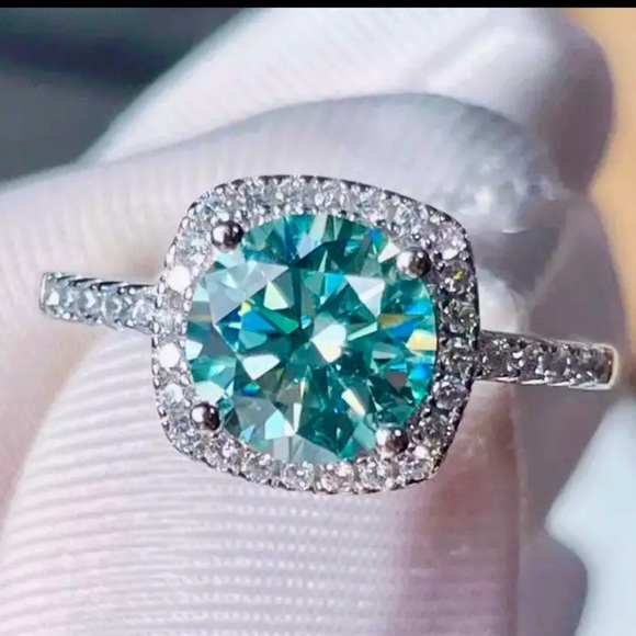 MOISSANITE 3 Carat Round Cyan Blue With Halo - Picture 1 of 8